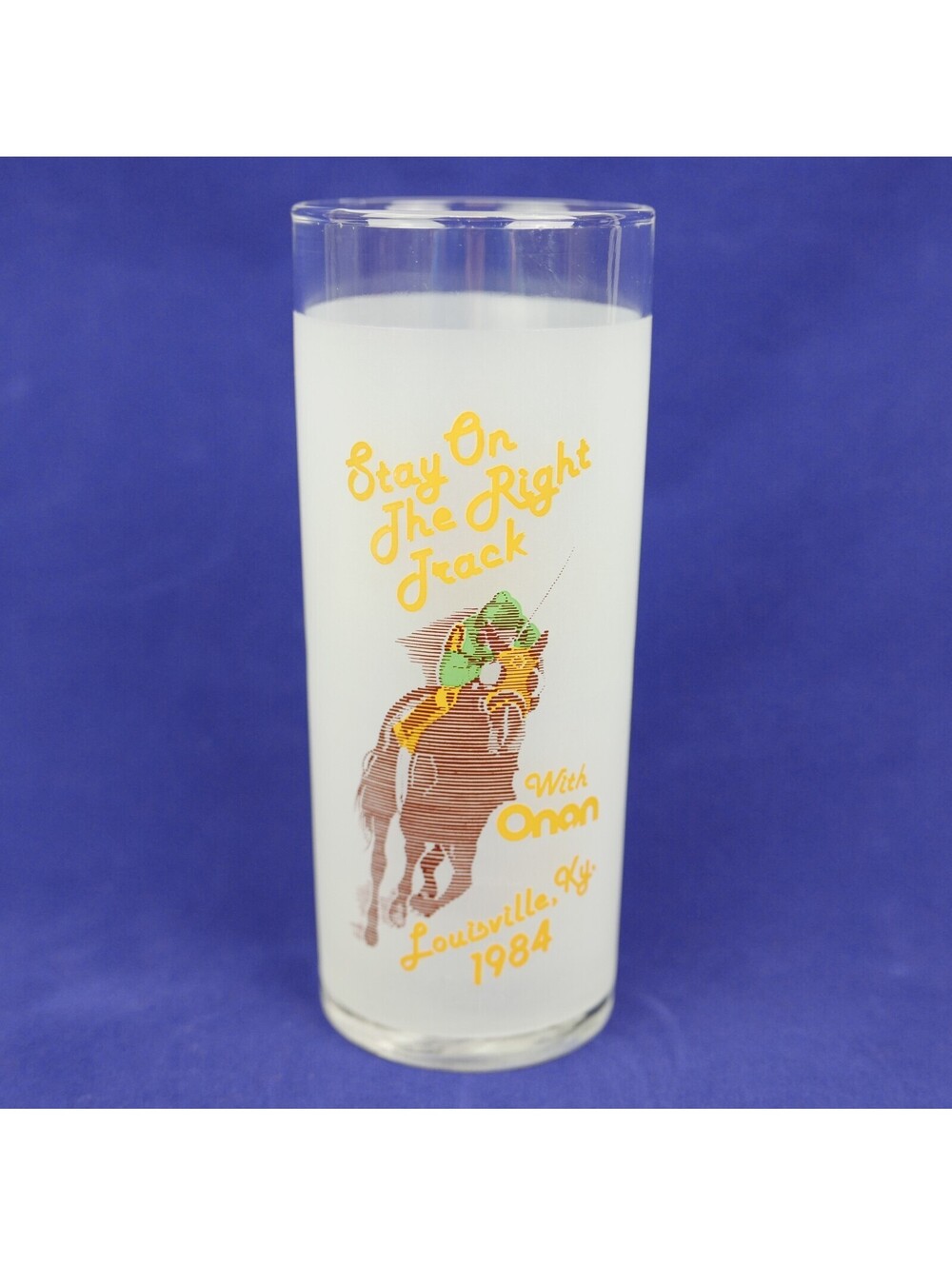 Vintage 1984 Onan Engines Promo Glass Louisville KY Horse Racing Jockey Frosted